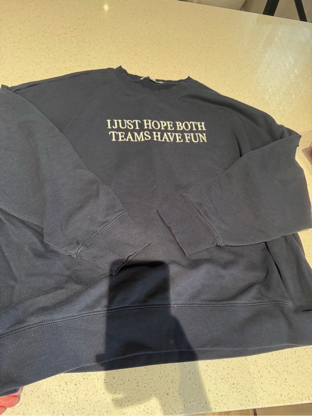 Francesca's Collections Navy Crewneck Sweatshirt with White Embroidered Slogan